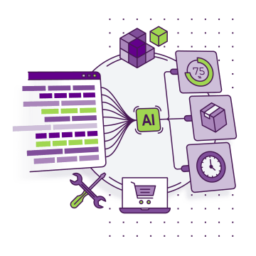Analýzy a predikce – středový motiv AI obklopený ikonami nákupního košíku, hodin, boxu a bloků, vše propojeno linkami.