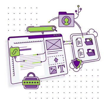 Práce s dokumenty – rozhraní pro správu digitálního obsahu, vyhledávací pole, uživatelský profil a symboly zabezpečení.