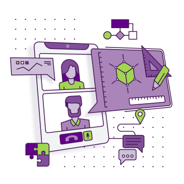 Consultation and solution proposal - a video call between two people on a mobile phone, around a design tool, focused on creative collaboration.
