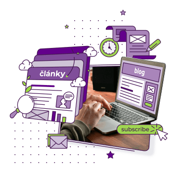 ČLÁNKY Čím žijeme a co si myslíme – člověk u notebooku, digitální symboly, výrazný nápis "články".