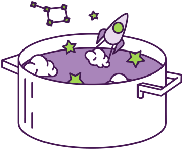 Recept na úspěšný digitální produkt: infografika s hrncem, raketou a hvězdami jako vizuální metafora pro inovace.