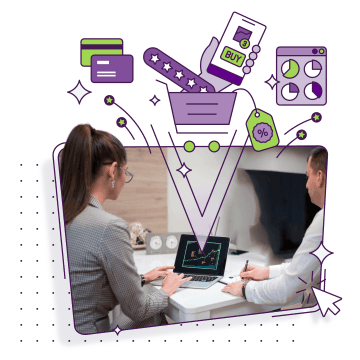 Lidé u notebooku s digitálními ikonami znázorňují obchodní kanály.