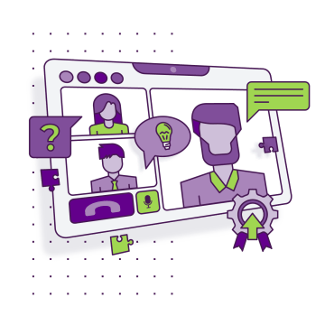 Virtual consultation with four participants, symbols of interaction and problem solving.