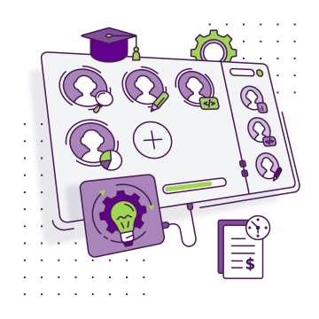 Digital interface with icons of tools, education and ideas for team leasing.