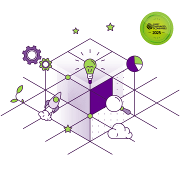 Přeneste své vize do dig. reality – geometrická síť s žárovkou, lupa, raketa a rostlina jako symboly kreativity a inovací.