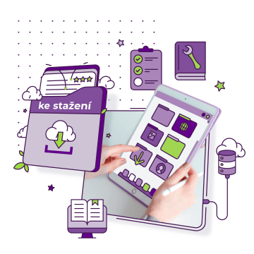 Uživatel stahuje materiály z cloudu na tabletu, podpora produktivity a digitálního workflow, ke stažení.