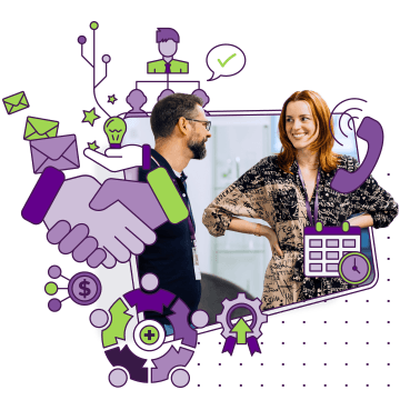 The image combines people in conversation with icons of handshake, mail, phone, and ideas, symbolizing communication and collaboration