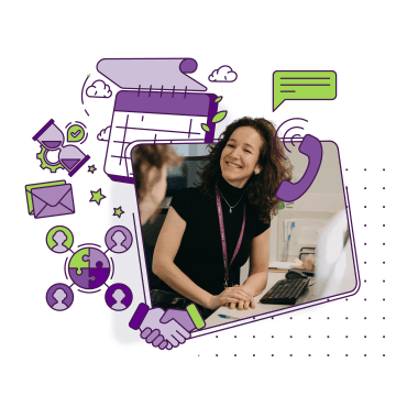 Woman communicating in the office, surrounded by calendar, email and phone icons, contact.