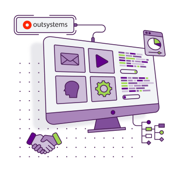 Partnerství s OutSystems ukazuje počítačovou obrazovku s ikonami a kódem, softwarová řešení.