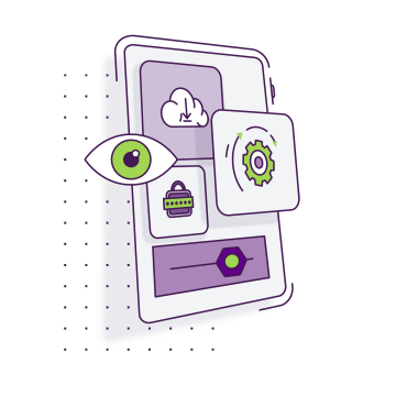 Digital interface shows cloud, eye, lock and wheel icons for application management, web applications.