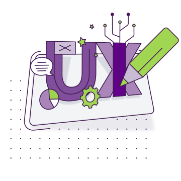 UX/UI design combines pen, gears and speech bubble to emphasize creativity, web application.