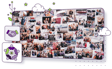 About Inventi A collage of people with icons of collaboration and networking, Inventi is a company.