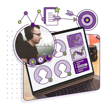 Outsourcing vývoje ukazuje osobu s headsetem u laptopu a ikony grafů, softwarová řešení.