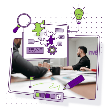 Product Design sekce ukazuje profesionální tým diskutující inovativní řešení s logem MVE na pozadí.