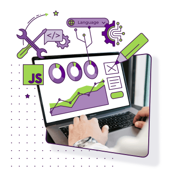 Osoba pracuje na laptopu, na obrazovce jsou grafy a vizualizace dat, kolem jsou nástroje a kódové fragmenty, symbolizující vývoj webových aplikací a technický kontext, webové aplikace, vývoj webových aplikací.